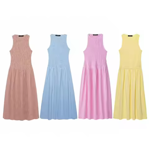 2025 Women's O-Neck Sleeveless Chic Plaid Straight Long Midi Dress Casual Faionable Female Wear