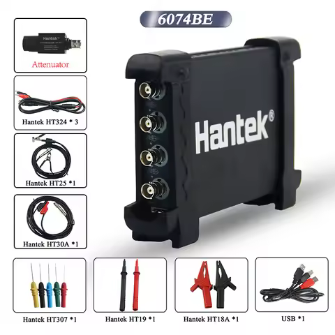 Hantek 6074BE &HT201 Attenuator Digital Storage Oscilloscopes PC USB Portable 4 Channels 70MHz Bandw