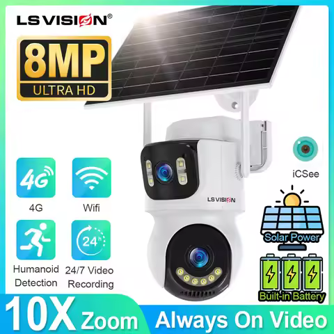 LS VISION 12MP 24/7 Video Recording AOV 4G Solar Camera 3 Screens WIFI Outdoor Security Cameras 10X