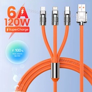 6A สายชาร์จเร็ว USB 2in1 3in1 120วัตต์สำหรับ iPhone 14 Micro USB Type-C สายชาร์จ8พินสำหรับ Huawei Samsung Xiaomi