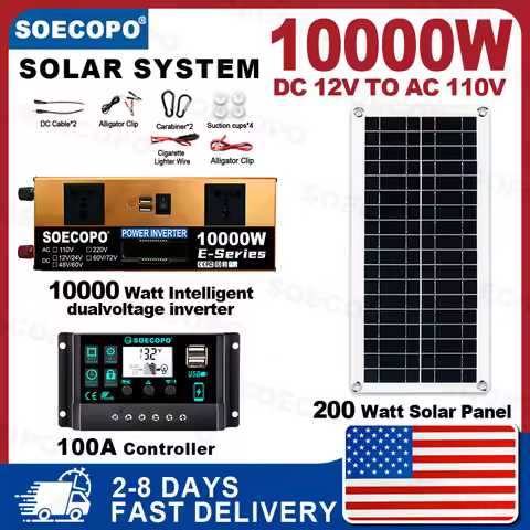(US Stock) Solar System Complete 10000W Max Power 200W Photovoltaic Panels Kit Off Grid 110V Convert