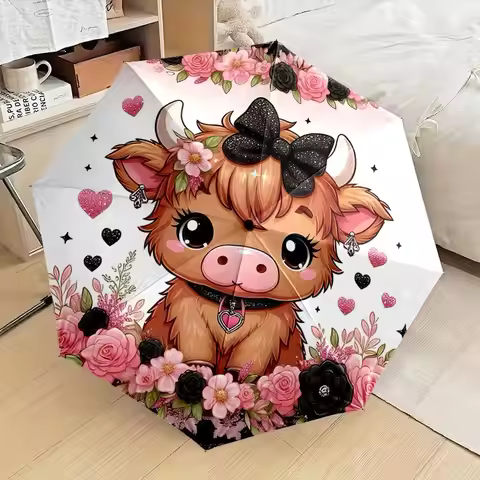 Women's Cute Cow Print Umbrella with Hearts & Bows - Open/Close, 8-Rib Compact Folding Umbrella with
