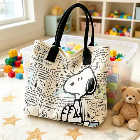 Snoopy Comic Print Canvas Tote Bag Large Capacity Zipper Crossbody Bag Vintage Shoulder Bag Student 