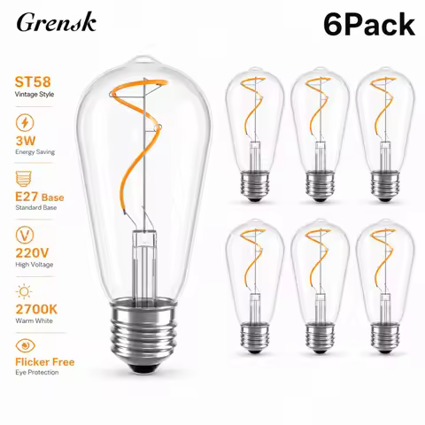 Grensk ST58 LED Edison Bulbs 6 Pack 3W E27 Vintage Filament Light Bulb 220V 2700K Warm White Flicker