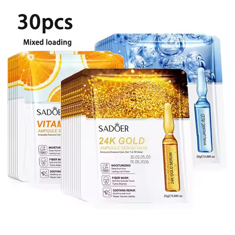 30/15pcs SADOER 24K Gold Vitamin C Hyaluronic Acid Facial Masks Face Moisturizing Firming Hydrating 