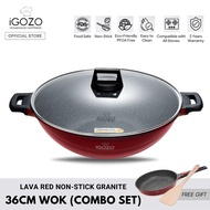 iGOZO Lava Red Non Stick Granite Wok (36cm) [Free 28cm Non Stick Frying Pan + Spatula]