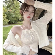 Set of 2 knitted details cardigan outerJacket and camisole shirt for women in soft, seductive wool f