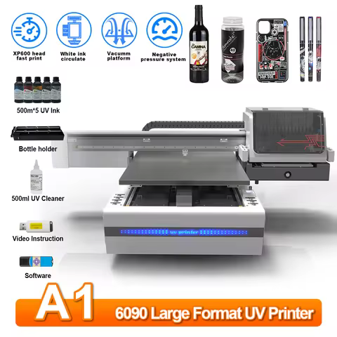 6090 UV Printer 3PCS XP600 Printhead UV Flatbed Printer with Rotary UV DTF Printer with Varnish,UV I