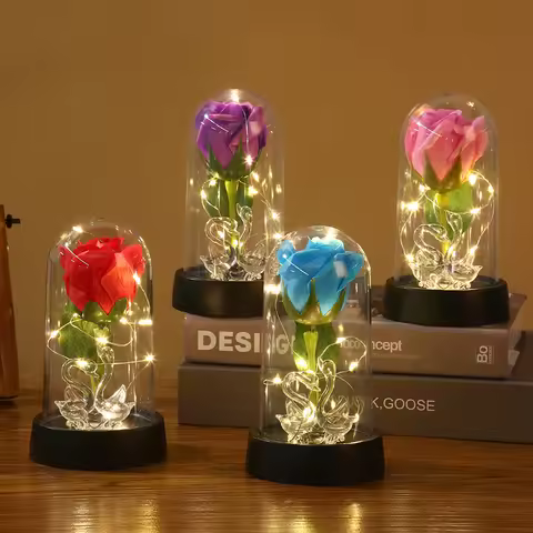 Enchanted Beauty And The Beast Rose Flower with Black Base LED Light In Glass Dome Valentine Christm