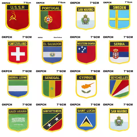 Shield Shape Flag Patches USSR Portugal Sweden Switzerland El Salvador Samoa Serbia Sierra Leone Sen