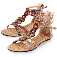 SL3 Sandal Wanita Beaded Rhinestone Ethnic Bohemian Flat Zip Women's Shoes