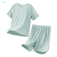 GAO* All-day Comfort Loungewear 2pcs Men Pajamas Set Summer Short Sleeve Round Neck Top Elastic Wais