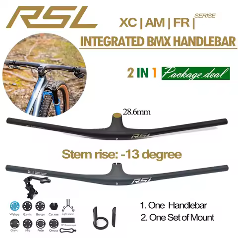RSL XC / AM /FR Flat -13degree T1000 Integrated Handlebar for Mountain Bicycle, Carbon Fiber, MTB Bi