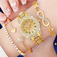 4 Pieces Fashionable Luxury Women's Watch Set with Rhinestone Roman Numbers Round Dial Watch Quartz 