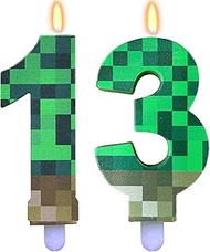 Pixel Motif Candle 13th Birthday Boy Girl Pixel Birthday Candles Numbers 13, Green 13 Birthday Candl