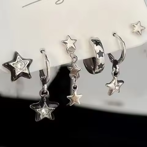 6pcs Set Earring Silver Color Star Dangle Earrings Vintage Metal Geometric Drop Earring for Women Fa