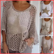 fulaide Women Crochet Tops O-neck 3/4 Sleeves Hollow Out Fishnet Knit Blouse Star Pattern Mesh Swims
