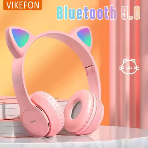P47M Wireless Game Headphone Flash Light Cute Cat Ears Gaming with Mic Control LED Stereo Music Phon