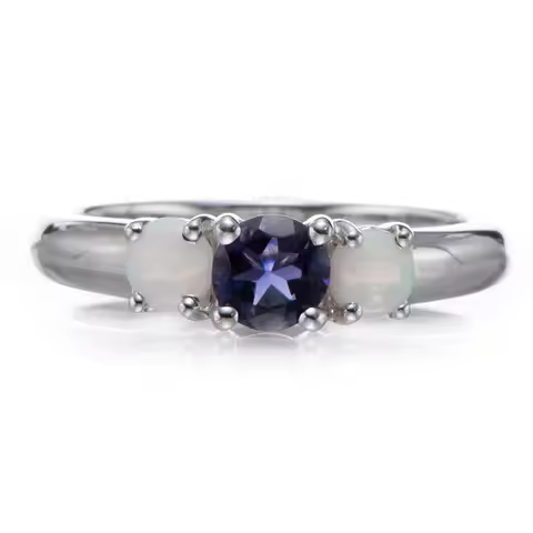 GESIDE Iolite and Opal Rhodium Over Sterling Silver Ring