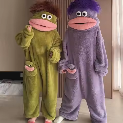 NEW Green Big-Mouth Monster One-Piece Pajamas Winter Coral Fleece Thickened Ugly Cute Funny Abstract