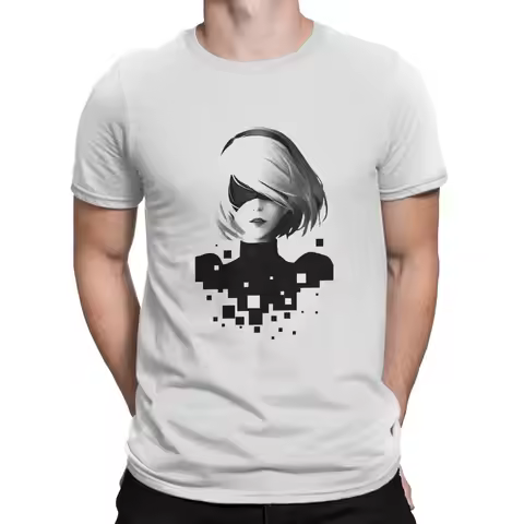 NieR Automata 2B and Pixels Tshirt Homme Men's Streetwear Polyester T Shirt For Men