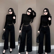 Women's basic Black Wide Leg Jeans, Extremely Overbearing Smooth Denim Women's Jeans
