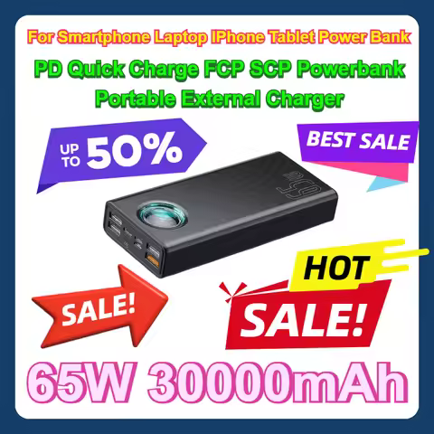 For Smartphone Laptop IPhone Tablet 65W Power Bank 30000mAh PD Quick Charge FCP SCP Powerbank Portab