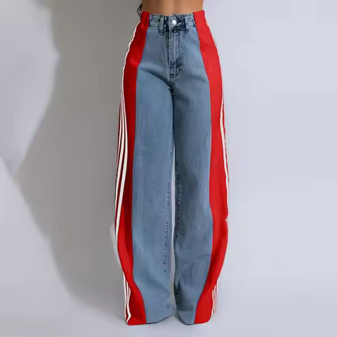 Women's Spring Summer Baggy Jeans Pants High Waist Loose Wide Leg Side Striped Denim Pants Streetwea