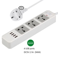 Extension Plug Power Strip 3 Outlet Socket with 4 USB Output 2.1A & 2m UK Plug Universal Socket Exte