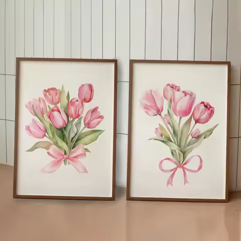 Tulip Duo Artwork, Pink Bow Wall Decoration, Pink Interior Design, Frameless Watercolor Wall Art, Li
