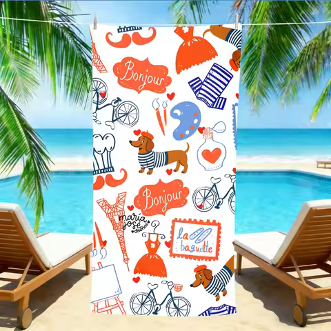 French Style Dachshund Beach Towel – Oversized Quick Dry Sand Free with Bonjour Print