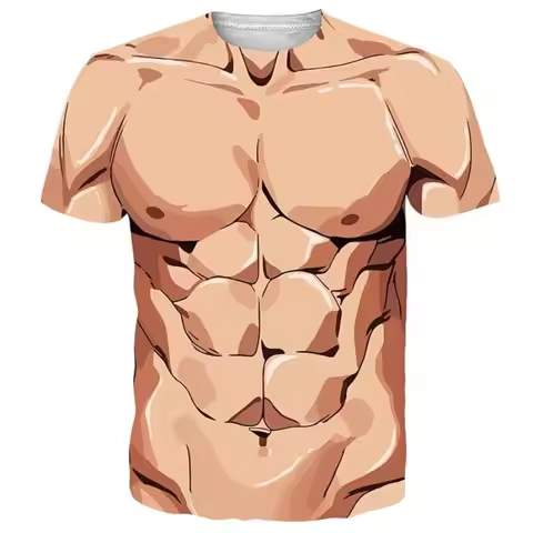 Funny Prank Fun Muscle Pattern Short Sleeved Ugly T-shirt Clothes Men's Party Role-playing T-shirt