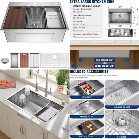 33 Undermount Kitchen Sink Workstation - 33x22 Drop-In Single Bowl Sink in 18 Gauge T304 Stainless S