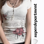 ✿LP✥Y2K Women´s T-shirt Rhinestone Flower Print Short Sleeve Round Neck Slim Fit Tee Shirt