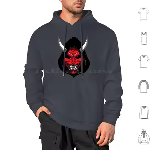 Japanese Oni Mask Hoodies Long Sleeve Japanese Oni Evil Scary Horns Demon Spirit Halloween Nioh Assa