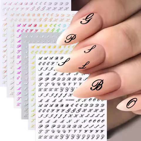 6Pcs/Set Retro 26 Alphabet Letter Nail Sticker 3D Black White Roman Letter Adhesive Sliders Press on