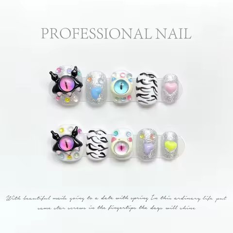 Handmade Kawaii Press on Nails Short Korean Cute Eyes Y2k Reusable Adhesive False Nails Artifical Ac