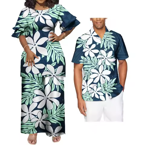 Wholesale Price Custom Large Size Couple Clothing Hawaii Print Ladies Petal Sleeve Mermaid Long Dres