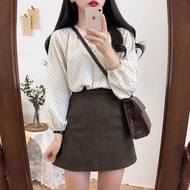 E0424-Ladies Round Neck Chiffon Shirt French Trendy Bloomer Sleeve Shirt Polka Dot Chiffon Shirt Loo