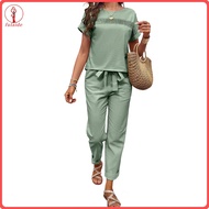 fulaide Summer Two-piece Suit Women Breathable Suit 2 Pcs Women Casual Set Hollow O Neck Short Sleev