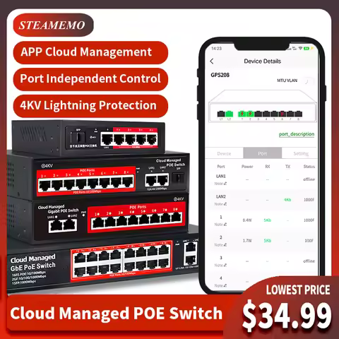 STEAMEMO Cloud-managed POE Switch 4/8/16 Port 48V Active POE Desktop 100/1000Mbps SFP APP Control Sw