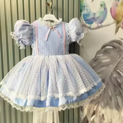 0-12Y Baby Girl Summer Blue Turkish Vintage Princess Dress for Birthday Holiday Easter Photography E
