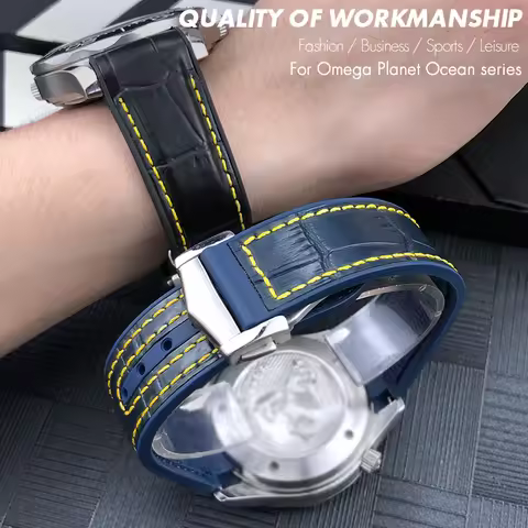 19mm 20mm 21mm 22mm Leather Rubber Watch Band for Omega Seamaster 300 Planet Ocean 600 Black Orange 