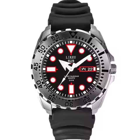 New Men Diving Quartz Watch, 30M Waterproof Week Date Display Blue Rubber Strap Sports Wristwatch