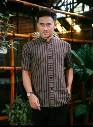 bisa cod baju adat seni jawa Kemeja Batik HEM Lurik Jawa Hem Batik lengan pendek Pria Garis Coklat S