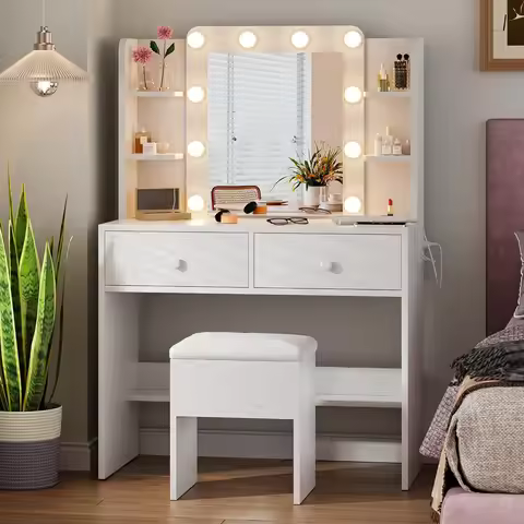 White Makeup Vanity Desk with Mirror and Lights, Small Vanity Table Set with Power Outlets, Storage 