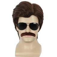 yuehong Short Adult Mens Brown Wig 70s 80s Male Wig Cosplay Costume Hair with Brown Mustache