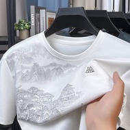 Mulberry Silk Printed Trendy Men's Short-Sleeved T-Shirt Round Neck Half-Sleeved Casual All-Match Fa