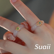 [Suaii] Transparent Hollow-design Ring with Faux Aqeeq Dangle Stone A270