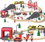 72PCS Wooden Train Tracks & Trains, Gift Packed Toy Railway Kits for Kids, Toddler Boys and Girls 3,